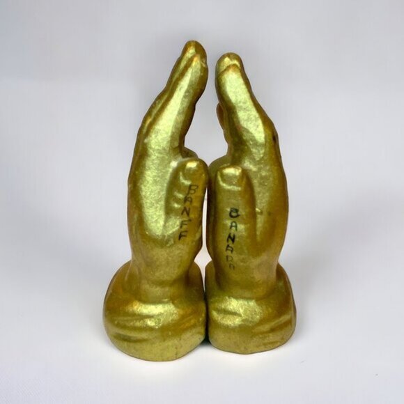 Vintage Praying Hands Salt and Pepper Shakers Gold Banff Canada Taiwan - Picture 1 of 6